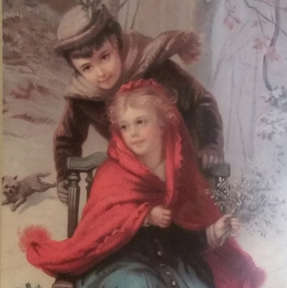 Girl & Boy on Sled Winter Scene Matted Print EVC - Picture 2 of 5